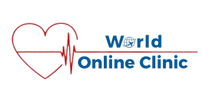 World Online Clinic logo featuring a red heart outline with heartbeat line and clinic name in blue text.